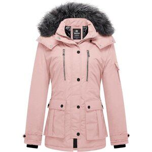 Women's Pink Winter Coat Warm Puffer Jacket With Removable Hood